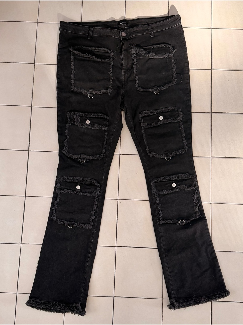 Fashion Nova Black Bootcut Distressed Patch Pocket Jeans